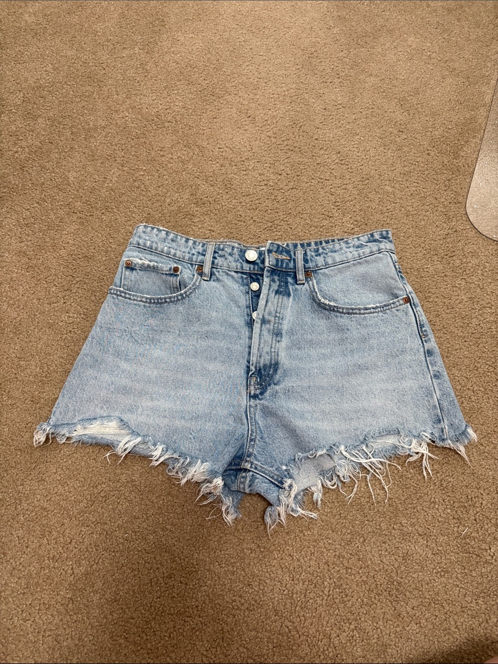 Zara Light Blue Frayed High-Rise Denim Shorts